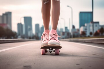 A close-up of a woman's feet wearing sneakers as she balances on a skateboard, with a concrete sidewalk and blurred cityscape in the background