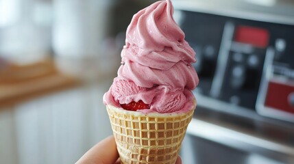 A rotating ice cream maker assembling a cone with strawberry ice cream