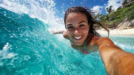 Young woman in a bikini surfing the waves at a tropical beach, mid-action shot, vibrant ocean colors, sunny sky, stock photo style