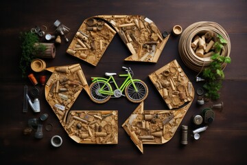 A creative composition of various recyclable items arranged artistically in the shape of a recycling symbol, set against a textured, natural background