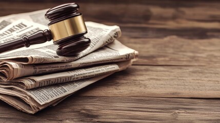 A symbolic gavel atop a pile of newspapers on a wooden table, representing the intersection of law and public information.