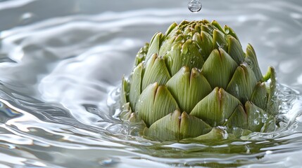 Poster - Water Droplet Cascading Onto Fresh Artichoke in a Serene Kitchen Setting