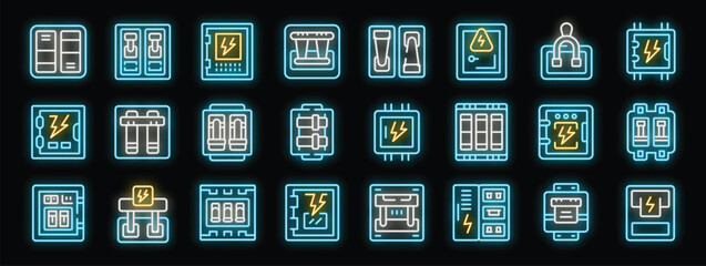 Poster - Set of glowing neon icons featuring various electrical panels, circuit breakers, and fuse boxes, illuminating the concept of electrical safety and power distribution
