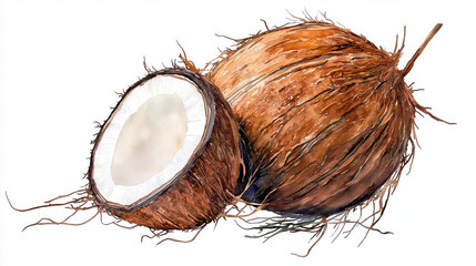 A detailed illustration of a coconut, showcasing its brown exterior and white interior, perfect for tropical themes.