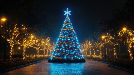 Big christmas tree standing in a park at night surrounded by string lights