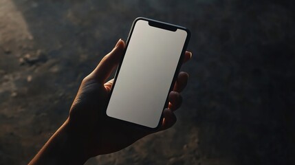 Hand holding smartphone with blank screen, dark setting