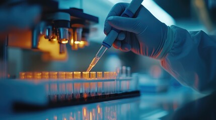 Aufkleber - Scientist analyzing samples under microscope in laboratory at night