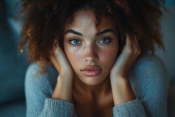 Poster - Beautiful young woman with freckles is holding her cheeks with her hands