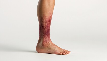 Close-up of an injured leg displaying a prominent bruise on a solid white background, capturing the essence of pain and healing. Concept: Bruised.