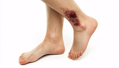 Long shot of a bruised shin against a solid white background, showcasing the impact of minor injuries, illustrating the concept of bruised skin and its visual effects.