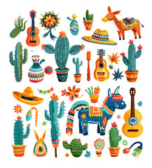 Poster - Mexican celebration stuff doodle vector set. Hat sombrero mule cactus maracas ornaments pinata garlands guitar artworks isolated on white background