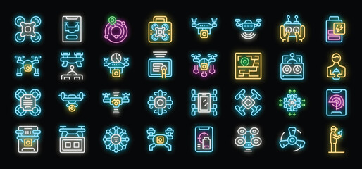 Poster - This captivating vector illustration showcases a vibrant collection of neon icons, each representing a different aspect of drones