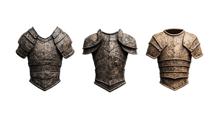 Three ancient, weathered metal armor pieces lined up against