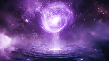 Poster - Cosmic scene with a vivid purple swirl above a circular platform, surrounded by ethereal mist and light.