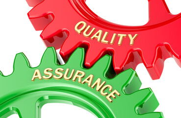 Poster - Quality Assurance concept with colored gearwheels. 3D rendering isolated on transparent background