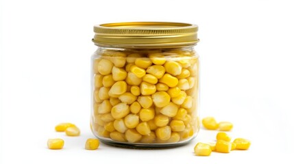 A canning jar of corn isolated against a white background 