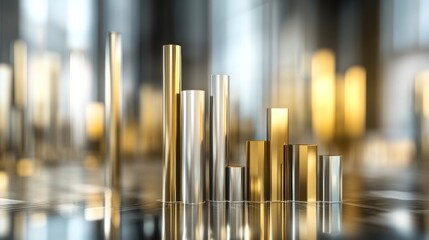 Poster - A set of metallic 3D bar graphs in gold and silver colors, standing tall on a reflective surface, representing business performance and wealth growth