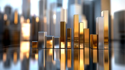 Poster - A set of metallic 3D bar graphs in gold and silver colors, standing tall on a reflective surface, representing business performance and wealth growth