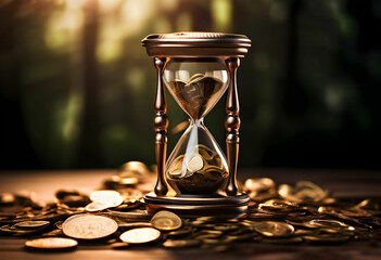 An hourglass with coins filling the lower chamber and a partially filled upper chamber symbolizes growing savings over time. The elegant background highlights the concept of financial growth.