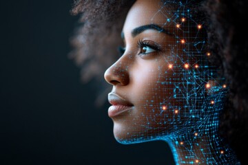 Canvas Print - Side profile of a woman with digital data points mapping her face representing intelligence technology and future innovations in the digital age