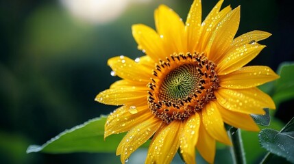 Poster - A single sunflower with dew drops on its bright yellow petals, captured in the morning light, with the droplets adding a fresh and lively touch.