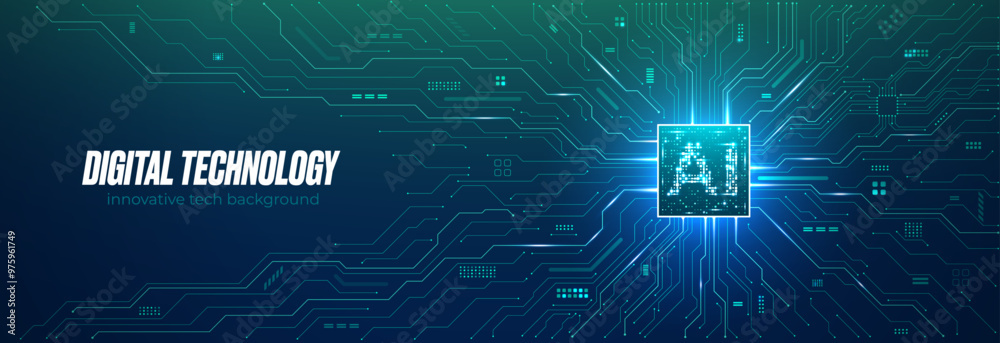 Computer Technology Bg Digital technology background. Blue green tech bg with AI chip and ...