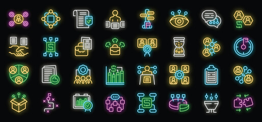 Poster - Set of business management neon light icons glowing brightly on black background