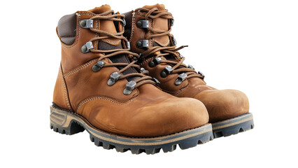 Sturdy brown hiking boots with rugged soles and reinforced toe caps, isolated on a white background