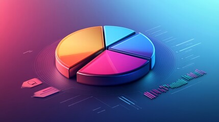 Leinwandbilder - A sleek infographic featuring a 3D pie chart with transparent segments, layered over a gradient background. Icons and labels enhance the visual appeal, making the data easily understandable.