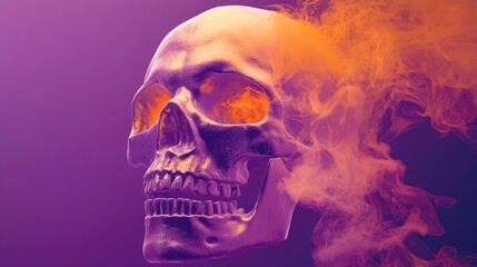 Halloween-themed skull with orange smoke pouring from its eyes, set against a bold purple background for a striking visual.