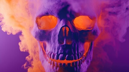 Wall Mural - Halloween-themed skull with orange smoke pouring from its eyes, set against a bold purple background for a striking visual.