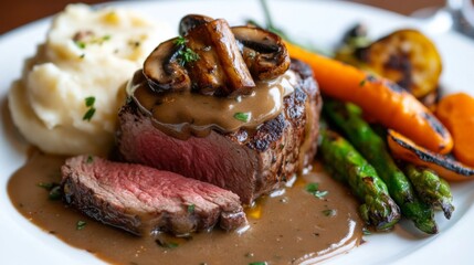 Wall Mural - A succulent filet mignon, sliced and topped with a rich mushroom sauce, served alongside grilled vegetables and mashed potatoes on a white plate.