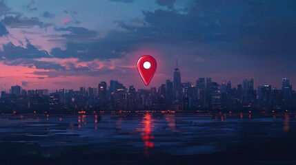 Poster - Illustration of a red navigation pin floating over a city skyline, symbolizing mapping, urban exploration, and location-based services.