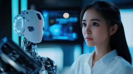 Poster - Artificial Intelligence Advanced Android Robot and Virtual Assistant Collaborating Modern Workspace