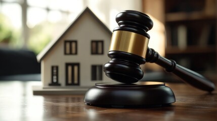 Judge gavel and a small house model on a table, illustrating the legal aspects of real estate transactions