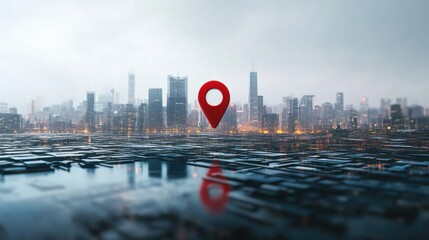 Poster - Illustration of a red navigation pin floating over a city skyline, symbolizing mapping, urban exploration, and location-based services.