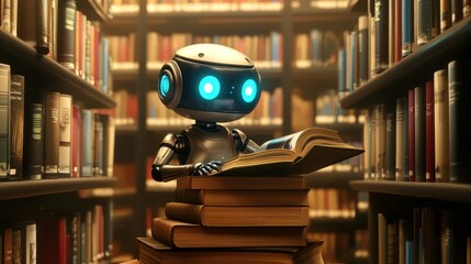 Poster - Friendly Robot Reading Books in a Cozy Library Filled With Shelves of Literature