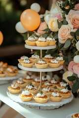 Wedding catering with tartlets, desserts, flowers, balloons, table decorations, and small bouquets, concept of elegant celebration and event planning.