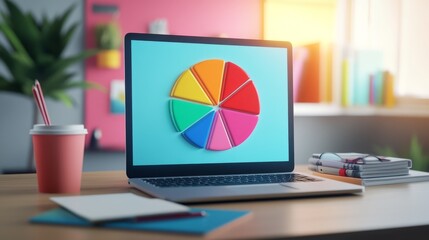 Poster - A vibrant 3D pie chart displayed on a sleek laptop screen, showing market share distribution with colorful segments. The workspace includes notebooks and a coffee cup, emphasizing productivity.