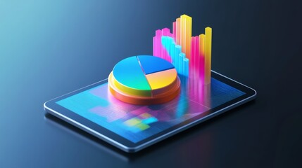Aufkleber - A vibrant 3D pie chart popping out of a tablet screen, showcasing interactive data analysis with colorful segments and percentages.