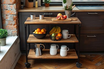 Kitchen cart with two shelves and open storage space, black frame, light wood top, holding coffee mugs, fruit bowl, and kitchen supplies, on wheels in modern home setting, high-definition photography.