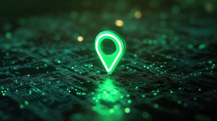 Poster - 3D render of a green neon map pin glowing against a high-tech black background, representing modern location