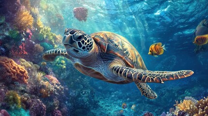 A sea turtle swimming close to the ocean floor, surrounded by bright coral and fish