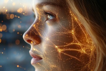 Wall Mural - Close up of a womans face illuminated with glowing neural pathways symbolizing the complex interconnections of the brain and human cognition in a digital futuristic setting