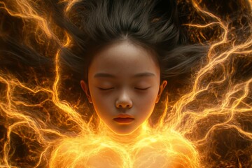 Poster - Portrait of a young girl meditating surrounded by a glowing network of golden neural circuits symbolizing the serenity and focus of the mind within a futuristic context