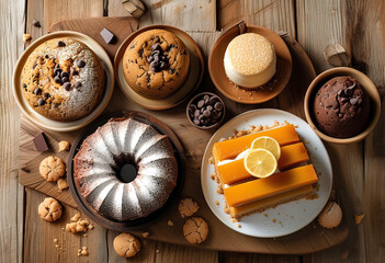 Wall Mural - Delicious pumpkin and lemon filled cake, laced with rich chocolate and dusted with powdered sugar, freshly baked and stacked on a wooden table