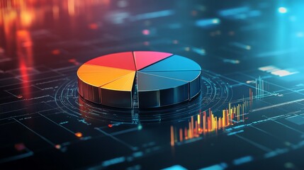 Fototapete - An abstract 3D pie chart with metallic textures and gradient colors, floating in a digital space. The design conveys modernity and technological advancement in data visualization.
