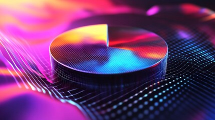 Aufkleber - An abstract 3D pie chart with metallic textures and gradient colors, floating in a digital space. The design conveys modernity and technological advancement in data visualization.