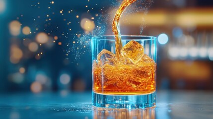 Whiskey being poured, frozen in mid-air, digital light trails, ultra-modern bar scene