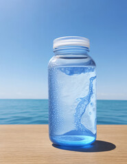 Plastic bottle of water, clean water bottle on a beach